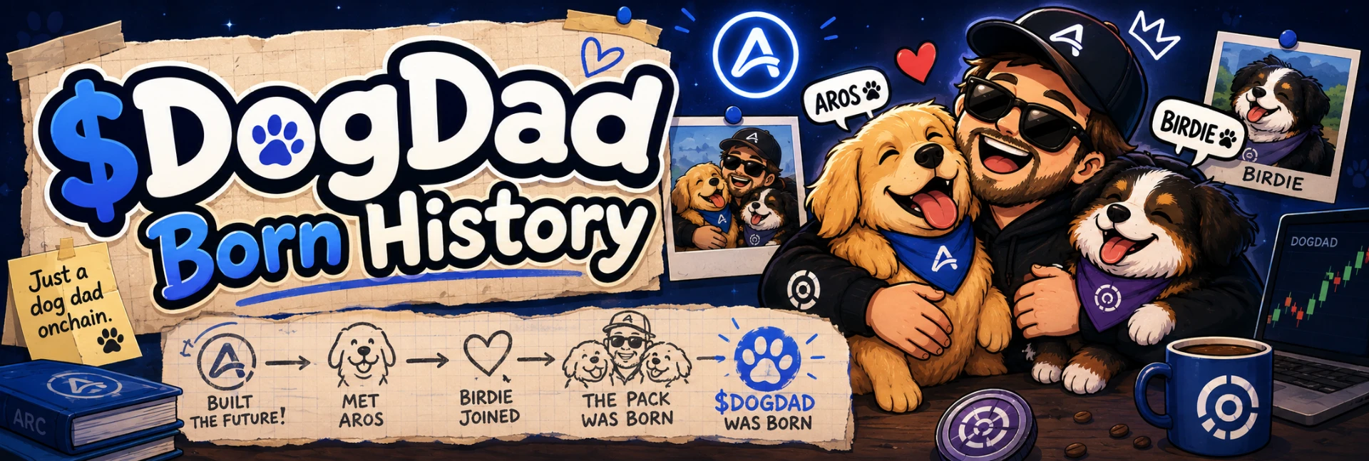 The DogDad Born History artwork showing the timeline from Arc to the pack