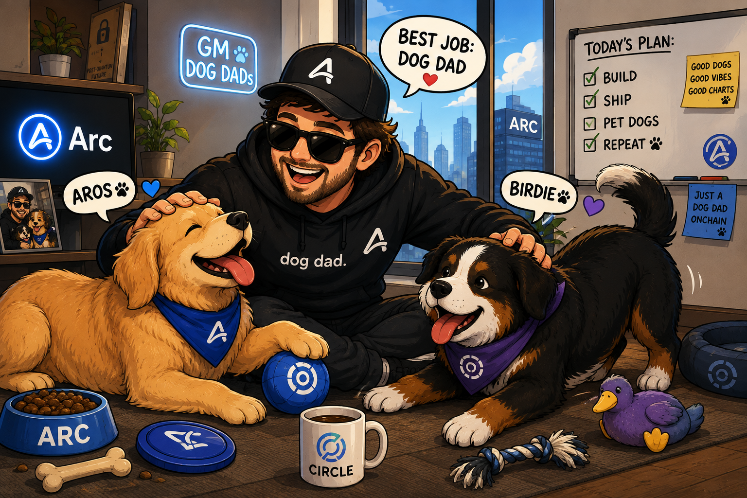 The DogDad meme artwork with Aros and Birdie surrounded by Arc and Circle items