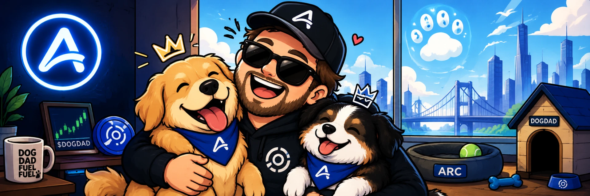 The DogDad hugging Aros and Birdie in an Arc city apartment